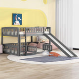 ZNTS Bunk Bed with Slide,Full Over Full Low Bunk Bed with Fence and Ladder for Toddler Kids Teens Gray 86635158