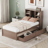 ZNTS Modern Twin Size Bed Frame With Built-in USB Port on Bookcase Headboard and 2 Drawers for Walnut W697P152020