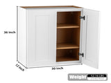 30 Inch White Shaker Double Door Wall Cabinet Solid Wood with 2 adjustable shelves Ready to Assemble T2950P366460