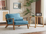 Mid-Century Oak Accent Chair - Linen-Cotton Navy Blue Upholstered Single Lounge Chair, Indoor 88345572