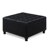 Large square storage ottoman with wooden legs, Upholstered button tufted coffee table with nail W2186142958