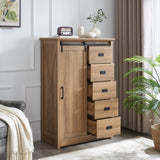 5 Drawers Dresser w/Sliding Barn Door, Farmhouse Modern Tall Dresser 5 Chest of Drawers, Storage W2275P206614