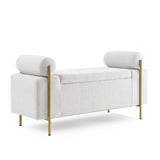 Elegant Upholstered Linen Storage Bench with Cylindrical Arms and Iron Legs for Hallway Living Room W487128010