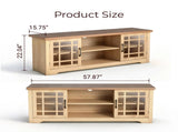 57.87 Inch TV Stand with Deep Brown Top & Natural Wood Cabinet - Double Glass Door Media Console, 81661813