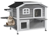 White 2-Tier Wooden Outdoor Cat Shelter Kitten Condo with Openable Asphalt Roof, 4 Rest Platforms 24210938