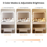Vanity table with LED-lit mirror with power outlet and hairdryer shelving, with 4 drawers and W1668P197385