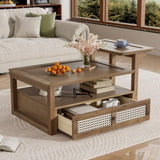 ZNTS U-Can Modern Coffee Table, Coffee Table with 1 Storage Shelf, 2 Tabletops and 1 Rattan Drawer For N724P232190D