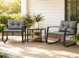 3-Piece Outdoor PE Rattan Rocking Chair Conversation Set with 2-Tier Glass Coffee Table, Heavy Duty 79877072