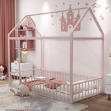 Twin Size Metal Bed House Bed Frame with Fence, for Kids, Teens, Girls, Boys, Pink MF304315AAH