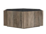 Hexagonal Rustic Retro Wood Coffee Table, with 2 Hidden Drawers, Textured Black Marble Tops, Light N770P309823L