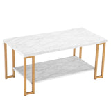 ZNTS (106 x 50 x 48cm) Simple Double-layer Golden Iron Pipe Marble PVC Coffee Table Rectangular 20998933