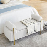 Elegant Upholstered Linen Storage Bench with Cylindrical Arms and Iron Legs for Hallway Living Room W487128010