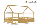 Full Size Floor Wooden Bed with House Roof Frame, Fence Guardrails W1858P310085