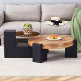 ZNTS Modern Simple Double-Layer Round Coffee Table - Transparent Brown Glass Top with Black MDF L-Shaped W1151P209571