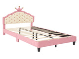Twin Size Lovely Crown Fantasy PU Leather Princess Bed with Tufted Headboard, PinkCream N733P198760H