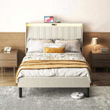 Twin Size Platform Bed Frame with Fabric Upholstered Headboard and Wooden Slats Support 75721607