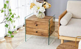 Double-drawer bedside table.The board surface is MDF with wood grain sticker, and both sides are W1512P348780