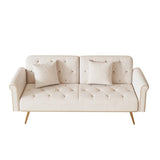 A 69.7-inch-long sofa bed covered in beige velvet fabric, featuring nail head trim and accompanied W3356P298442