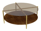 Luxurious Round Coffee Table with-Tinted Tempered Glass Top Walnut Wood Storage Shelf, Sturdy W1935P457159