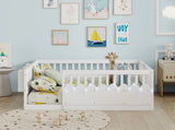 Full Montessori Floor Bed Frame with High Rails, Wood Kids Floor Beds with Light and Storage Shelf, W2593P445207