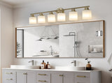 6-Light Golden Bathroom Vanity Light Fixture, Frosted Glass Shades, Modern Wall Mounted Lighting W1340P206703
