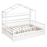 Wooden Full Size House Bed with Twin Size Trundle,Kids Bed with Shelf, White WF301683AAK