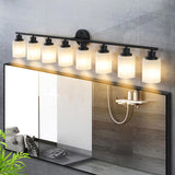 Modern 8-Light Vanity Bathroom Mirror Light, Frosted White Glass with Black Iron Frame, Contemporary W1340P206696
