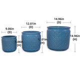 Handmade Ceramic Flower Pot Set of 3, 15/12/9 Inch Diameter, Blue with Geometric Pattern, for W3273P321480