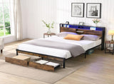 King Size Metal Platform Bed Frame with Wooden Headboard and with Footboard USB,Charging Station,2 W311P167048