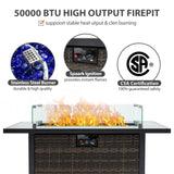 Outdoor Fire Pit 50,000 BTU Propane Gas Fire Table with Lid Fireplace with Glass Wind Guard Wicker 25297712