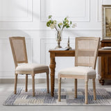 French Style Solid Wood Frame Linen Fabric Square Rattan Back Dining Chair,Set of 2,Cream W162290982