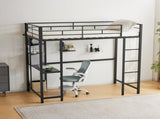 Twin Size Metal Loft Bed with Desk and Storage Shelves, 2 Built-in Ladders & Guardrails, Loft Bed 24084239