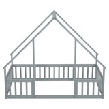 Twin Wood House-Shaped Floor Bed with Fence, Guardrails ,Grey W504P143289