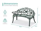 Outdoor Cast Aluminum Patio Bench, Porch Bench Chair with Curved Legs Rose Pattern, Antique Green 56157164