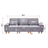 Gray Deep Seat 3-Seater Corduroy Sofa with Brushed Stainless Steel Cup Holders and 3 Decorative 33166004