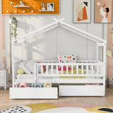 Twin Size Wooden House Bed with Two Drawers, White WF302181AAK