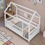 ZNTS Twin Size Floor Wooden Bed with House Roof Frame, Fence Guardrails,White W1858123984