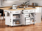 56.5'' Kitchen Island with Drop Leaf, Power Outlet, Embossed Vertical Stripe Rolling Kitchen Cart on 97642031