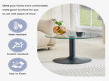 27.5-inch diameter round tempered glass coffee table. 17.7 inches high, supported by a black metal W1512P510326
