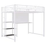 ZNTS Full Size Loft Bed with Desk and Whiteboard, Metal Loft Bed with 3 Shelves and Ladder, White 62617184