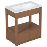 ZNTS 30" Bathroom Vanity with Sink Top, Bathroom Cabinet with Open Storage Shelf and Two Drawers, Brown 51882165