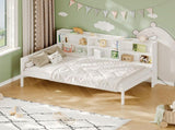 Twin Size Wood Single Bed with Large Multi-compartment Storage Headboard Bookshelf, Simple W5767P546865