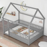 Full Size Floor Wooden Bed with House Roof Frame, Fence Guardrails,Grey W1858123988