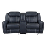 ZNTS Modern Blue Dual Reclining Loveseat with Center Console, Breathable Faux Leather Upholstery, USB B011P228163