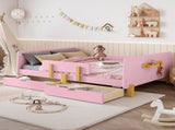 Full Size Platform Bed with Storage Drawers, Solid Wood Beds Frame with Bed Guardrail, Small Shelf, W1580P373245