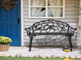Outdoor Cast Aluminum Patio Bench, Porch Bench Chair with Curved Legs Rose Pattern, Black 50857414