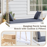 TOPMAX Patio Wooden Swing Chair, Hanging Porch Swing Bench with Cushion&Pillows, 10.8Ft Hemp Ropes N717P210136K