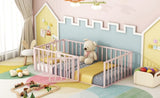 Twin Size Metal Floor Bed Frame with Fence and Door, Pink MF307108AAH