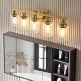 Golden 5-Light Vanity Light with Clear Glass Shades, Modern Iron Metal Bathroom Wall Fixture for W1340P206690