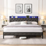 ZNTS King Bed Frame Storage Headboard, Charging Station and LED Lights, Upholstered Platform Bed 18121287